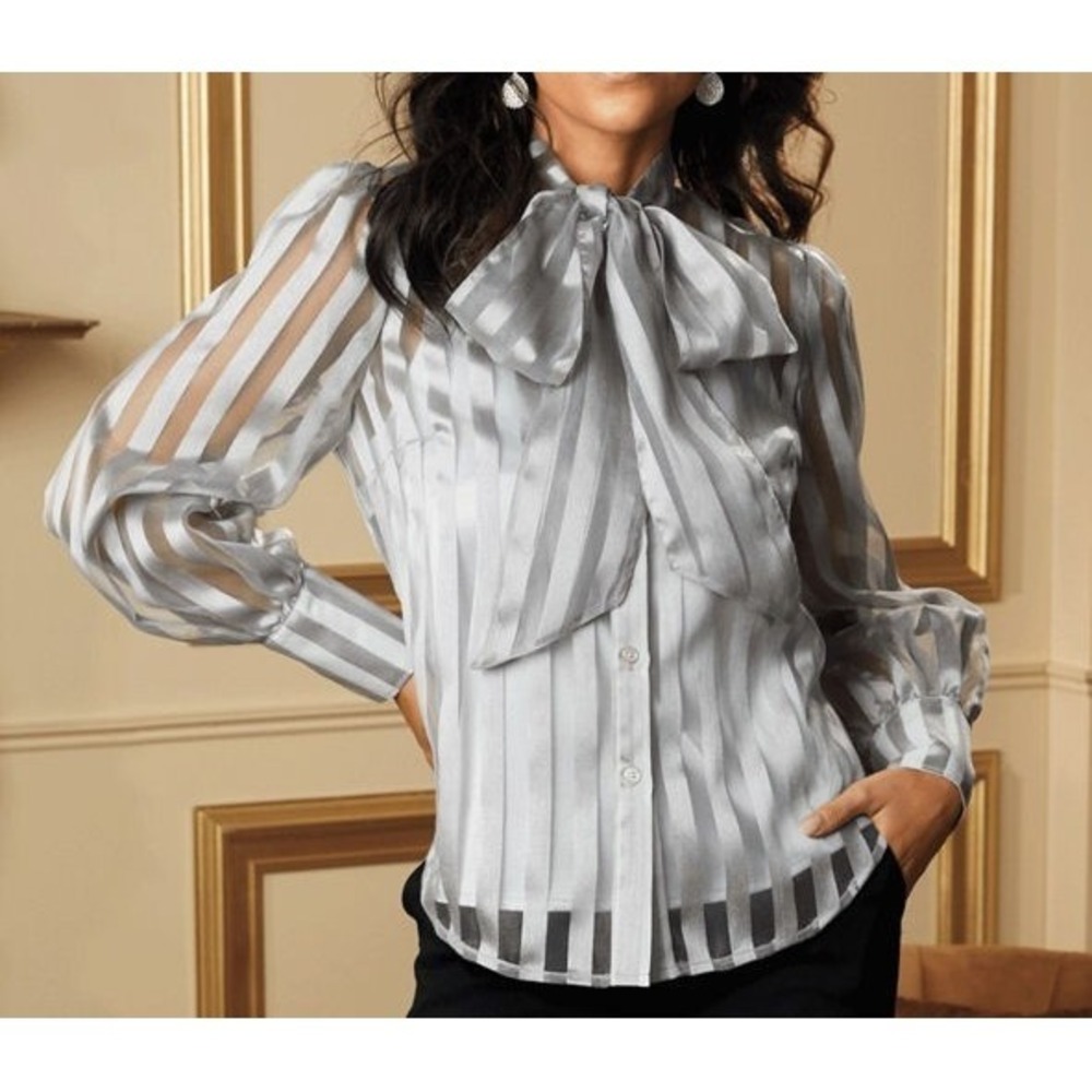 Midnight Velvet Women's Sheer Striped Organza Holiday Bow Blouse - Silver - L‎